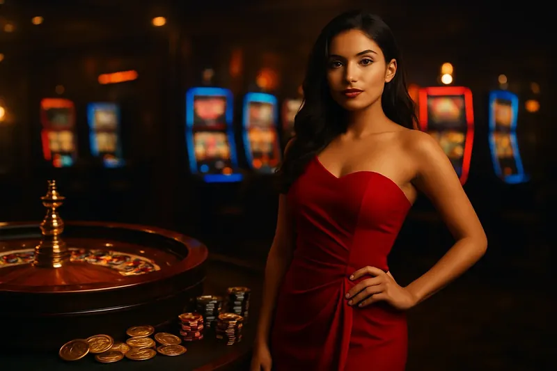 Beautiful woman in red dress standing near roulette and slot machines with gold coins and poker chips in a luxury Bangladesh casino atmosphere